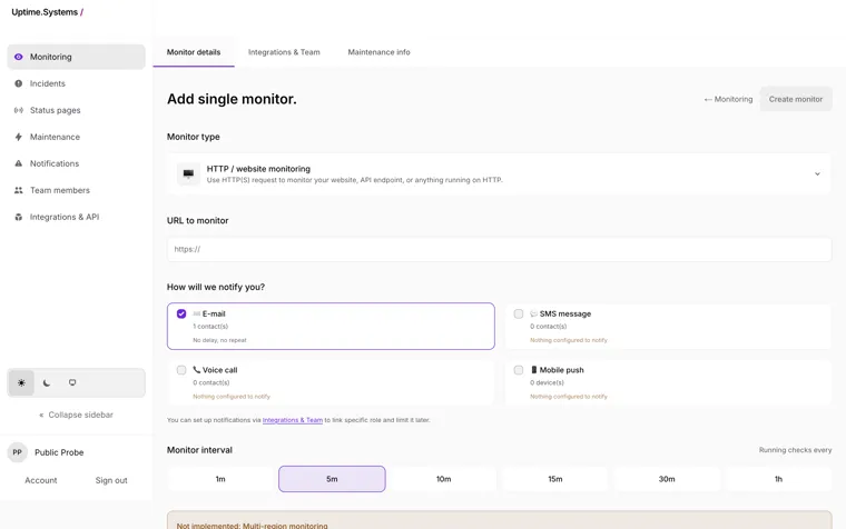 Adding a single monitor in Uptime.Systems, choosing the check type, the URL to watch and the notification channels.