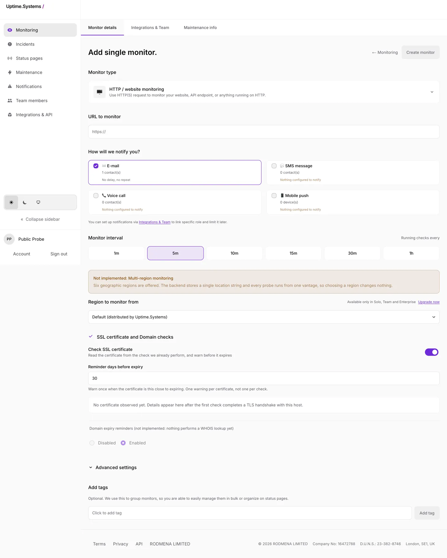 Adding a single monitor in Uptime.Systems, choosing the check type, the URL to watch and the notification channels.