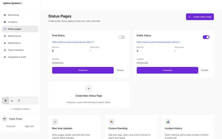 The Uptime.Systems status pages screen, listing each public page with its URL, monitor count and subscriber count.