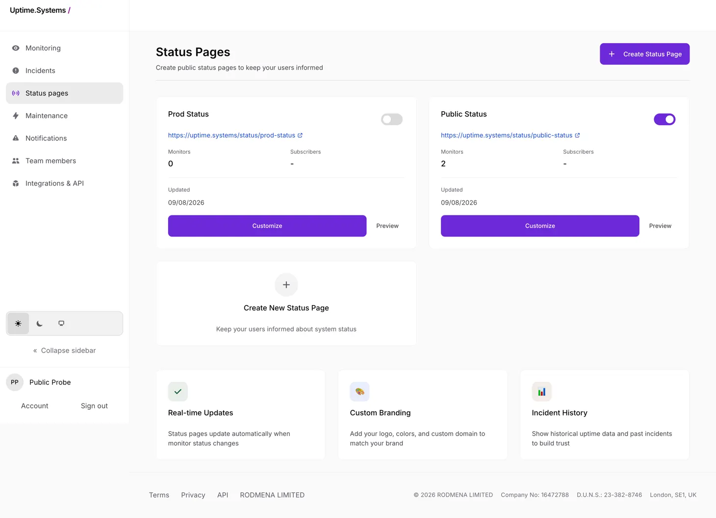 The Uptime.Systems status pages screen, listing each public page with its URL, monitor count and subscriber count.