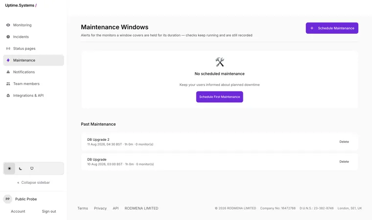The Uptime.Systems maintenance screen, showing scheduled and past maintenance windows for planned downtime.