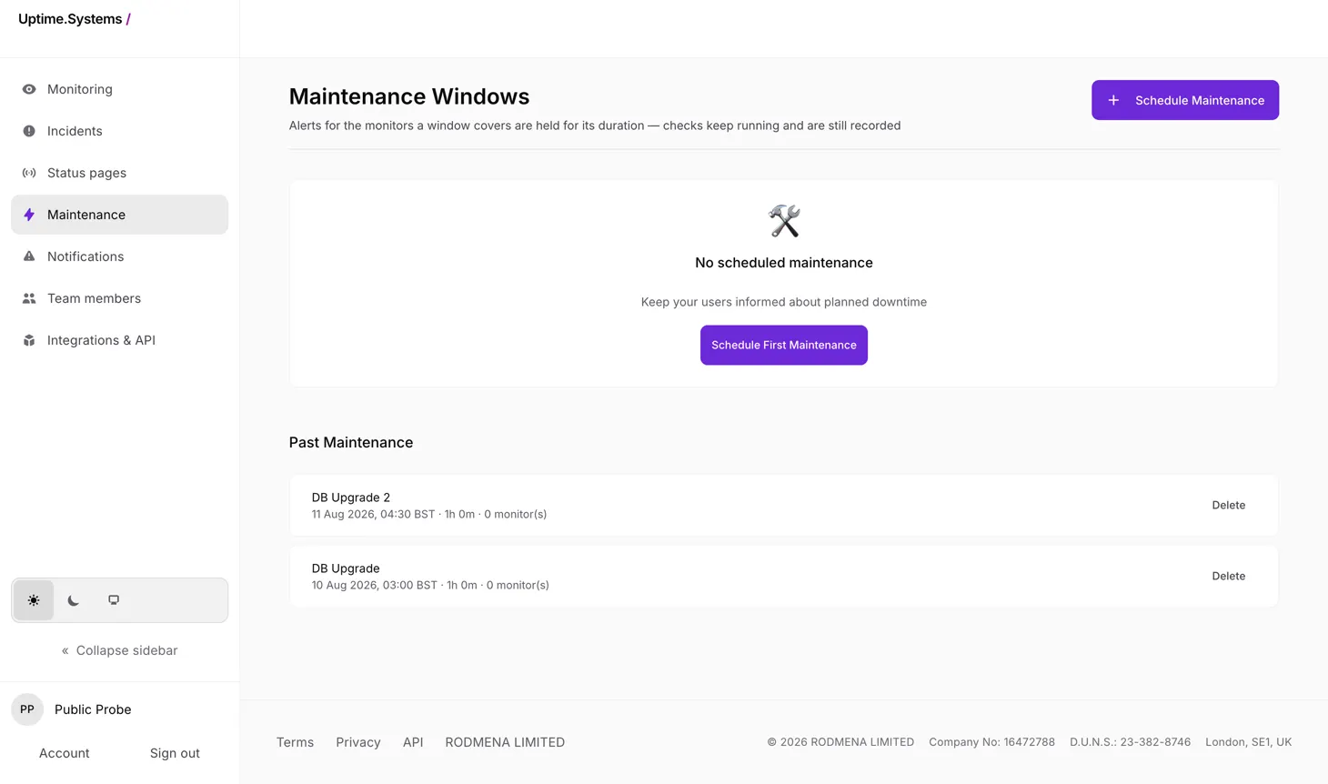 The Uptime.Systems maintenance screen, showing scheduled and past maintenance windows for planned downtime.