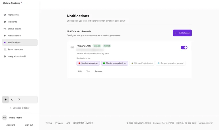 The Uptime.Systems notifications screen, showing a verified email channel and the events it sends alerts for.