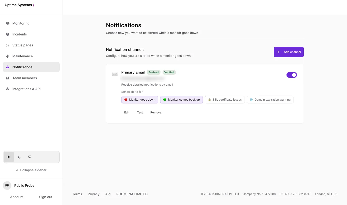 The Uptime.Systems notifications screen, showing a verified email channel and the events it sends alerts for.