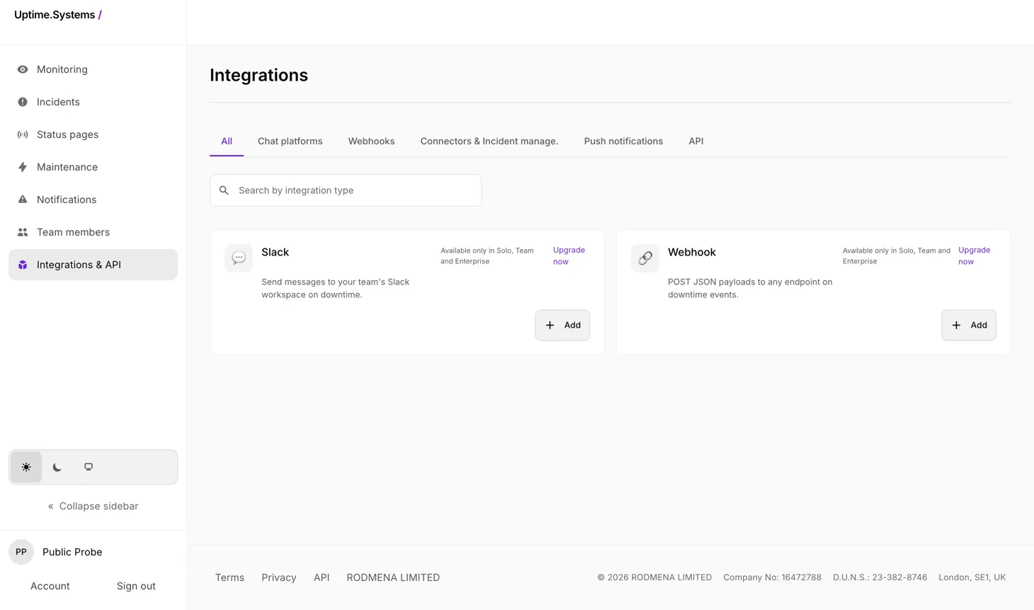 The Uptime.Systems integrations screen offering Slack and webhook delivery of downtime events.