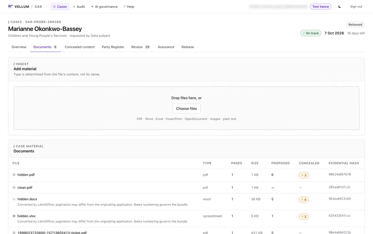 The Vellum documents screen, with a drop area for PDF, Word, Excel, PowerPoint, OpenDocument, image and plain text files, and a table of case material listing pages, size, proposed redactions, concealed items and an evidential hash per file.