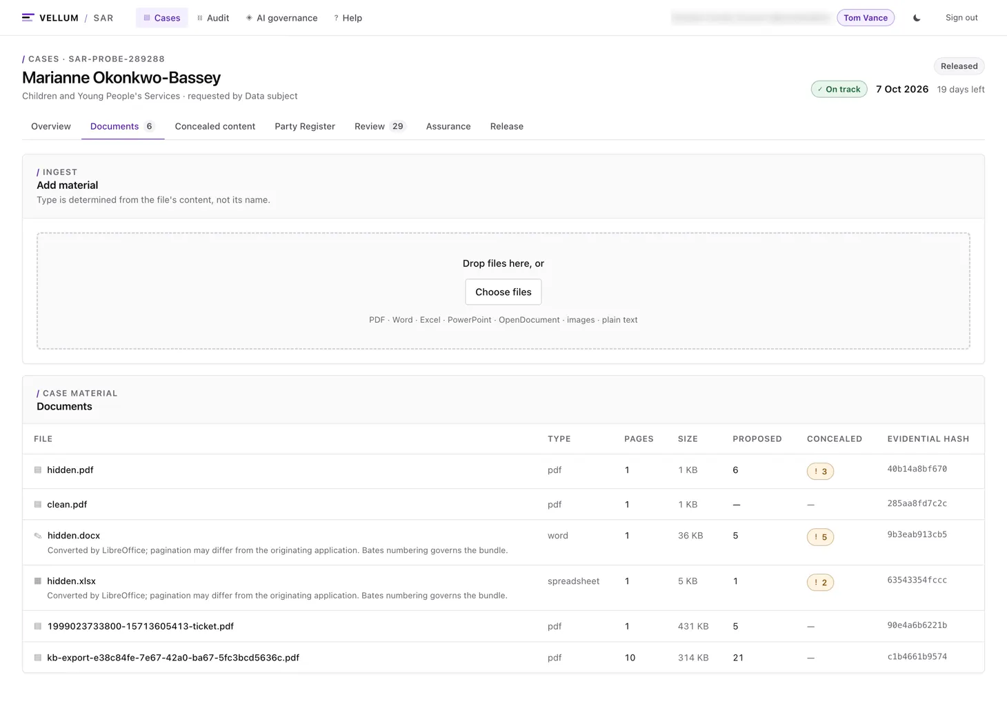 The Vellum documents screen, with a drop area for PDF, Word, Excel, PowerPoint, OpenDocument, image and plain text files, and a table of case material listing pages, size, proposed redactions, concealed items and an evidential hash per file.