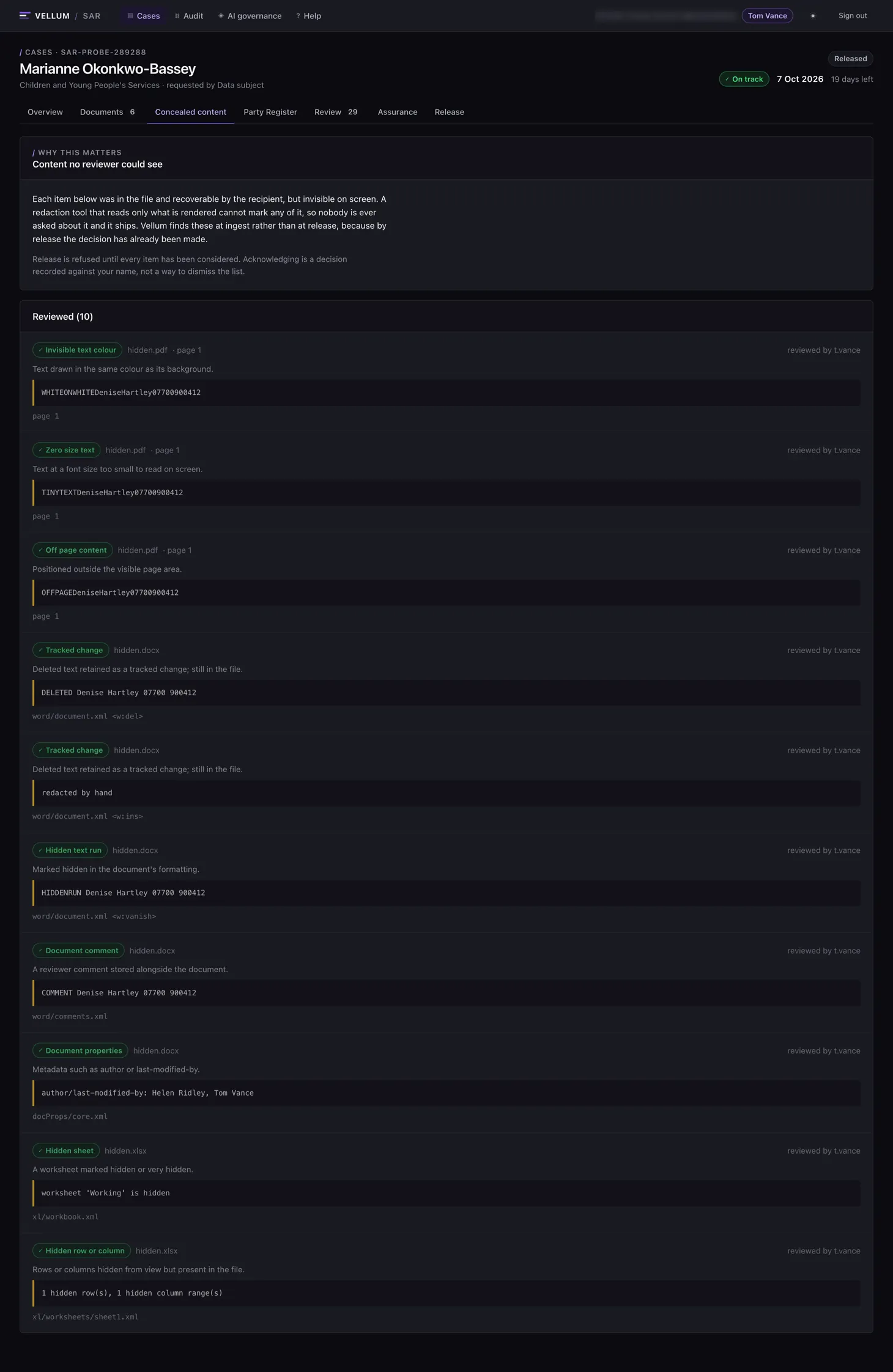 Vellum's concealed content queue, listing text hidden by white-on-white colour, zero font size, off-page position, tracked changes, hidden runs, document comments, document properties, a hidden worksheet and hidden rows, each with the file, the page and the reviewer who cleared it.