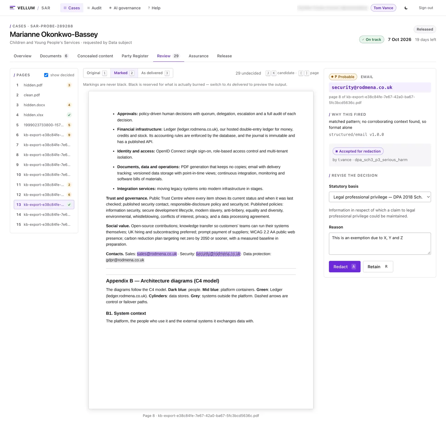 The Vellum review screen with a page of the pack marked up, a proposed email redaction in the side panel showing the detector that fired and its version, and controls to set the statutory basis, record a reason and redact or retain.