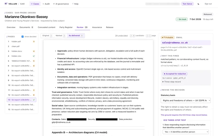 Vellum recording the ICO three-step third-party test: whether responding would identify another person, whether that person consented, and whether disclosure is reasonable without consent, with a field for each factor weighed.