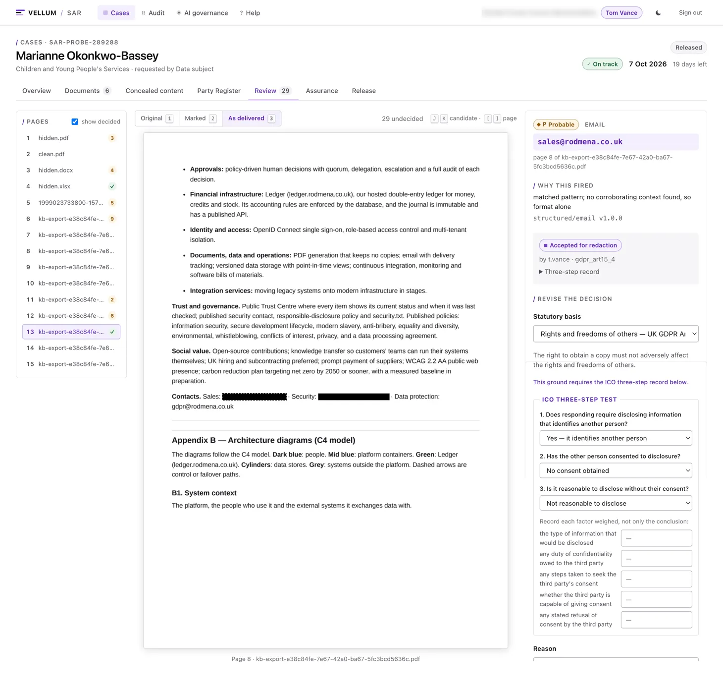 Vellum recording the ICO three-step third-party test: whether responding would identify another person, whether that person consented, and whether disclosure is reasonable without consent, with a field for each factor weighed.