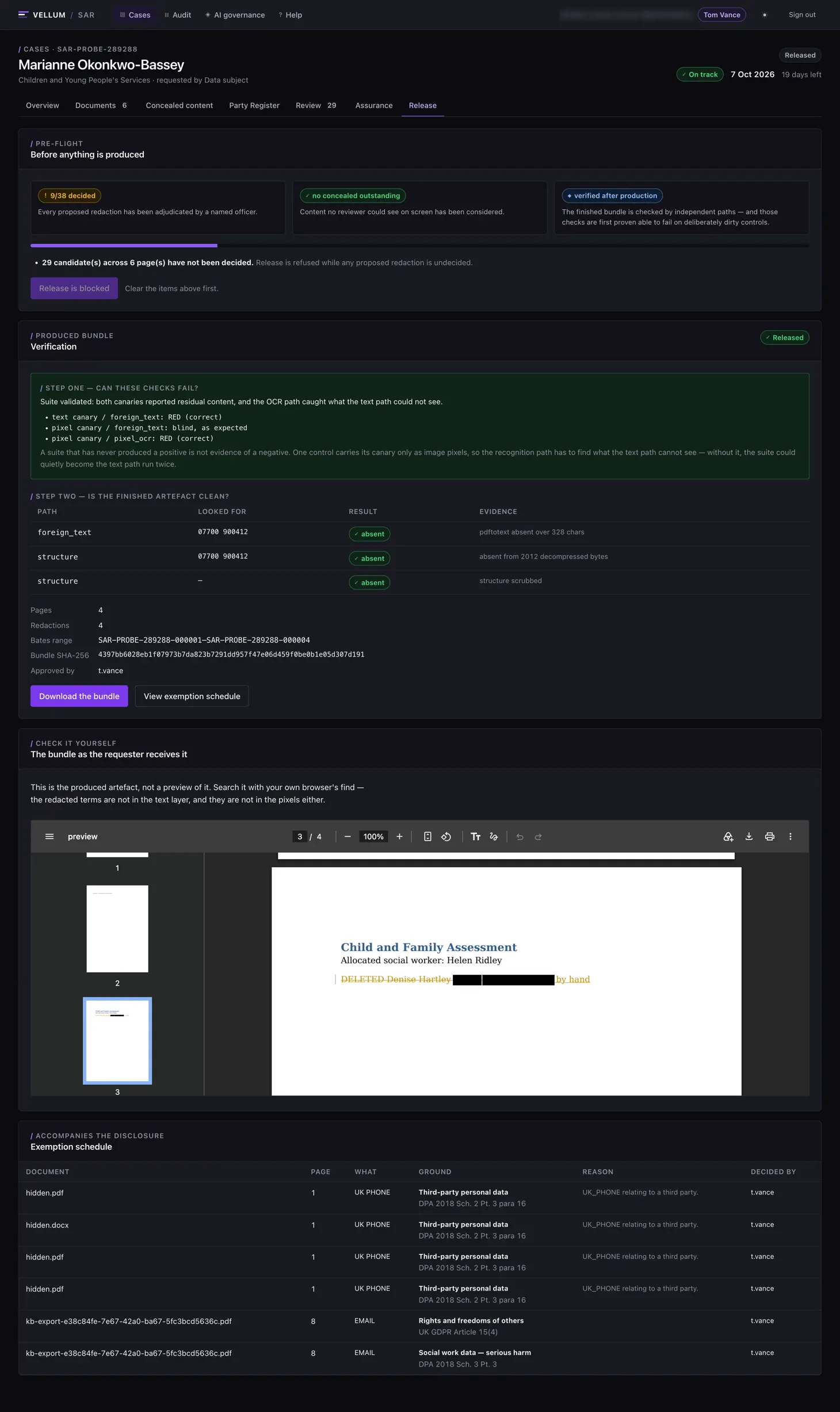 The Vellum release screen: pre-flight checks blocking release while candidates are undecided, a verification report showing the canary controls that reported correctly, the terms searched for in the produced bundle, the bundle hash, a preview of the delivered pages and the exemption schedule.