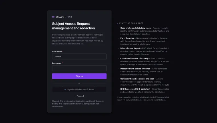 The Vellum sign-in page, with a summary of what the build does: case intake and statutory clock, party register, mixed-format ingest, concealed content discovery, detection with stated evidence, consistent entities across the pack and the ICO three-step third-party test.