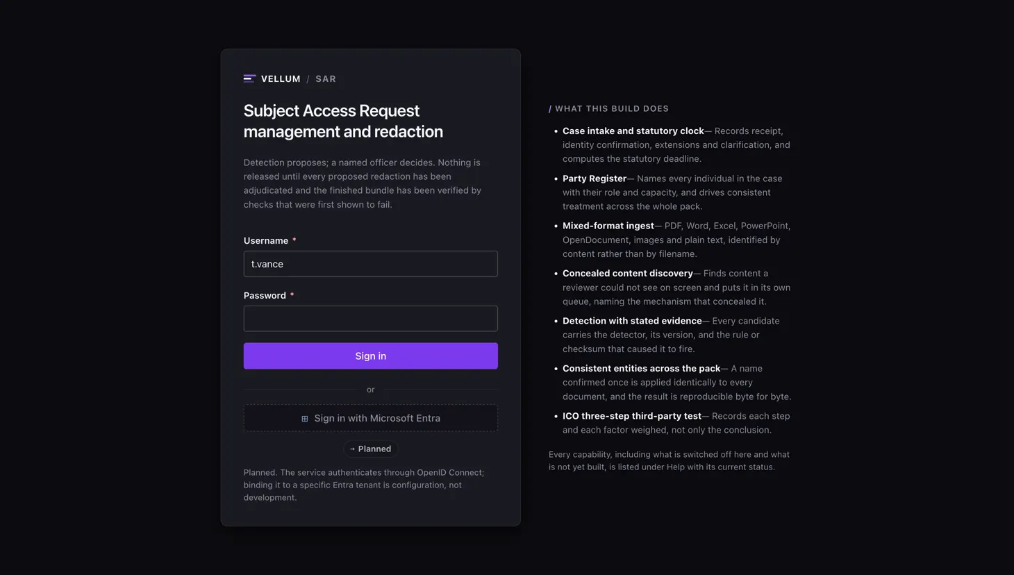 The Vellum sign-in page, with a summary of what the build does: case intake and statutory clock, party register, mixed-format ingest, concealed content discovery, detection with stated evidence, consistent entities across the pack and the ICO three-step third-party test.